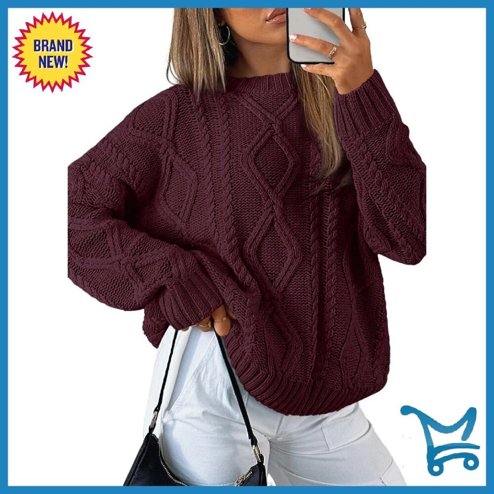 Oversized Cable Knit Crewneck Sweater - Soft Cotton Blend - Cozy Fall Essential